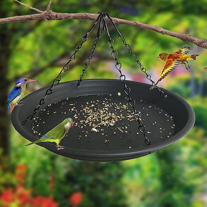 Large Hanging Bird Feeder Platform Seed Tray, Outdoor Garden Decoration for Wild Backyard Attracting Birds Works Great for catching Seed and Husk. （ Black ）
