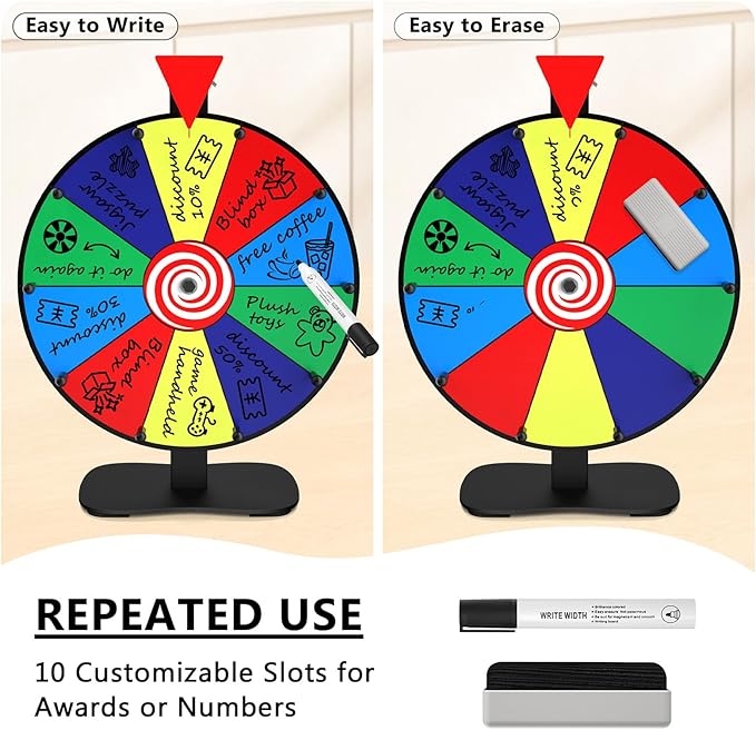 14 Inch Spinning Wheel for Prizes, 10 Slots Color Prize Wheel, Heavy Duty Tabletop Wheel Spinner with Dry-Erase Marker and Eraser for Parties, Trade Show, Carnival Events