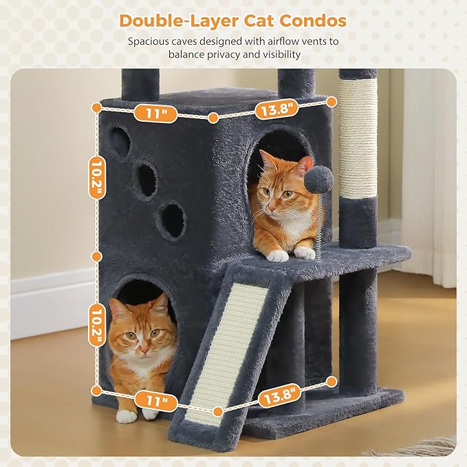 PETEPELA Cat Tree for Indoor Cats, 34.6" Small Cat Tower with Scratching Posts, 2 Condos, Scratching Ramp & Dangling Toys, Cat Play House for Multi-Cat Households, Dark Grey