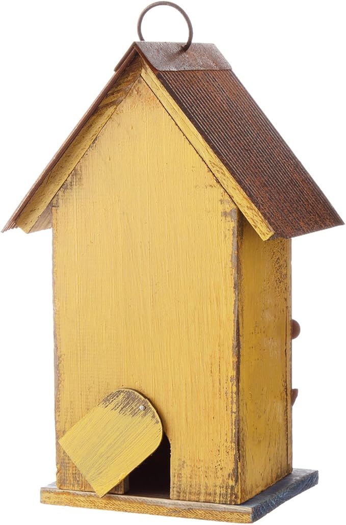 Glitzhome Bird Houses for Outside, 10.2" H Hanging Bird House for Outdoor Patio Garden Decorative Birdhouse Pet Cottage Distressed Wooden Birdhouse for Swallow Sparrow Finch Cardinals, Yellow Flower