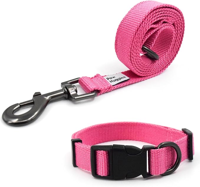 Rose Pink Dog Collar and Leash Set for Small Dogs, Breathable, Anti-Odor & Soft, Comfortable for Sensitive Skin Puppies, 90% Bamboo Rayon, Adjustable Quick-Release Buckle Pet Collar for Chihuahuas
