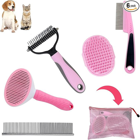 Dog Grooming Kit - Deshedding Brush for Short Hair, Slicker Brush, Flea Comb, Puppy Brush Set in Pink