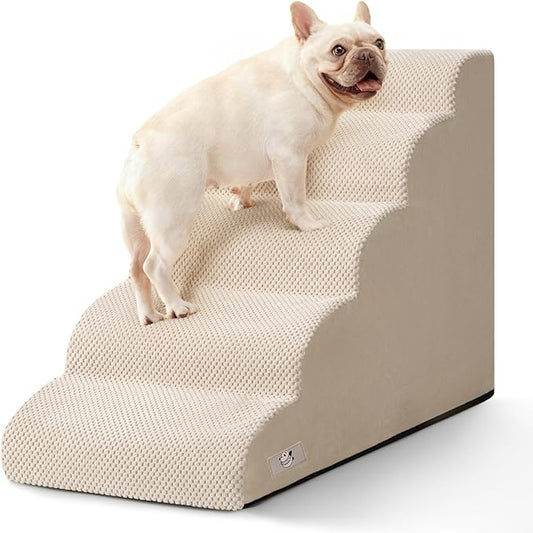Airpanda 5 Step Dog Stairs for High Bed – Pet Steps for Small Dogs, Non-Slip Dog Ramp with Washable Cover, Pet Ladder for High Beds,Beige