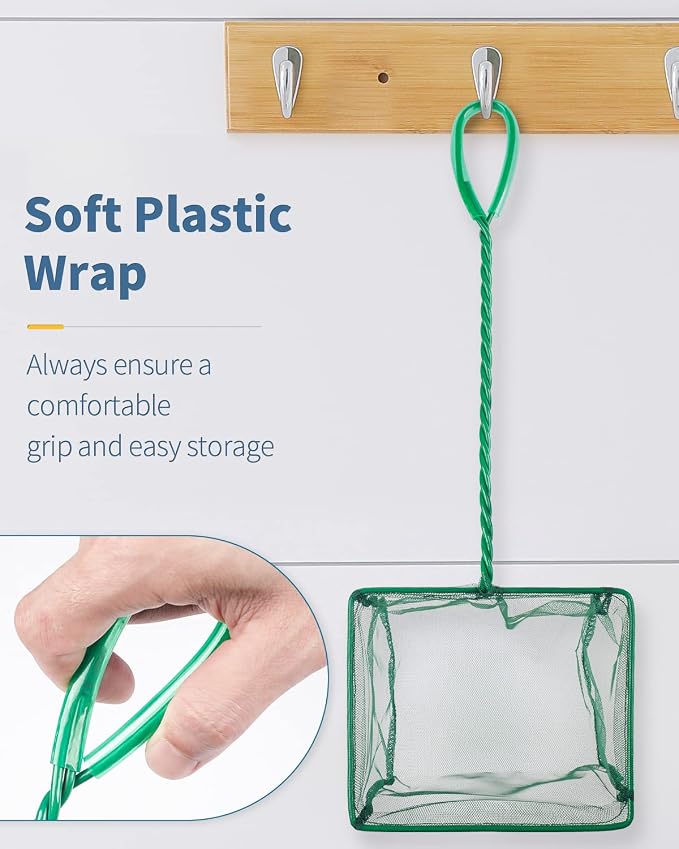 Pawfly Aquarium Fish Net with Braided Metal Handle Square Net with Soft Fine Mesh Sludge Food Residue Wastes Skimming Cleaning Net for Fish Tanks Small Koi Ponds and Pools