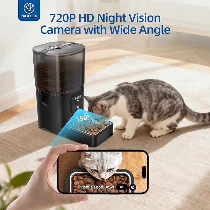 PAPIFEED Automatic Cat Feeder with Camera, 720P HD & Night Vision, 6L Cat Food Dispenser with App, 2.4G WiFi Timed Cat Feeder for Dry Food, 2-Way Audio, Smart Pet Feeder for Dog, 1-10 Meals/Day
