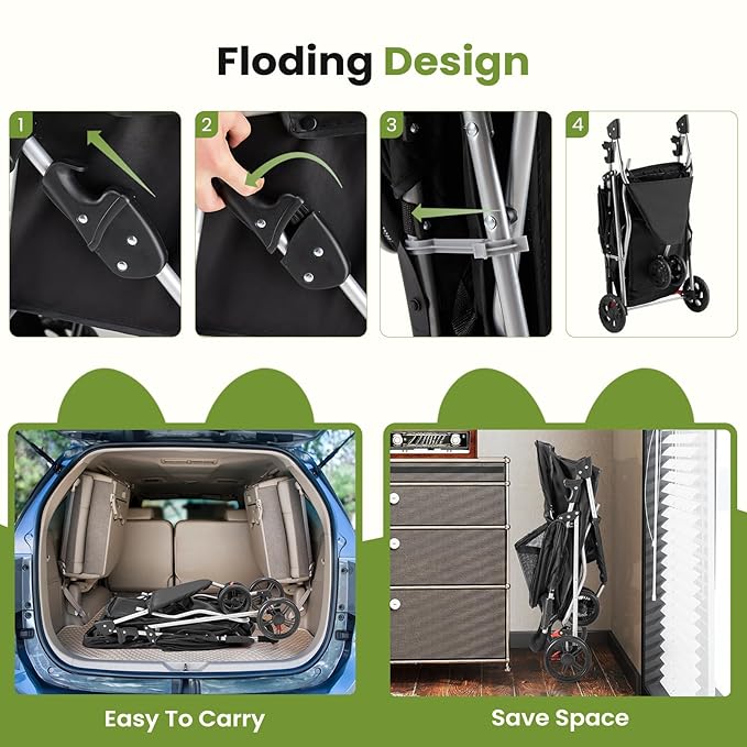 SMUG 3 Wheels Pet Stroller, Dog and Cat Strollers with Storage Basket & Cup Holder, Breathable Mesh, Lightweight Travel Carrier, Waterproof and Foldable for Small Pets Outdoor Walk, Black