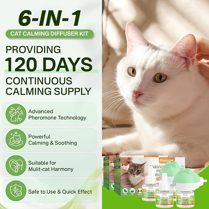 puyrzoe Cat Calming Diffuser with 3 Timing Functions, 6-in-1 Cat Pheromones Calming Diffuser Kit, 120-Day Anxiety Relief, Stress Reduction & Relaxation for All Cats (2 Diffusers + 4 Refills)