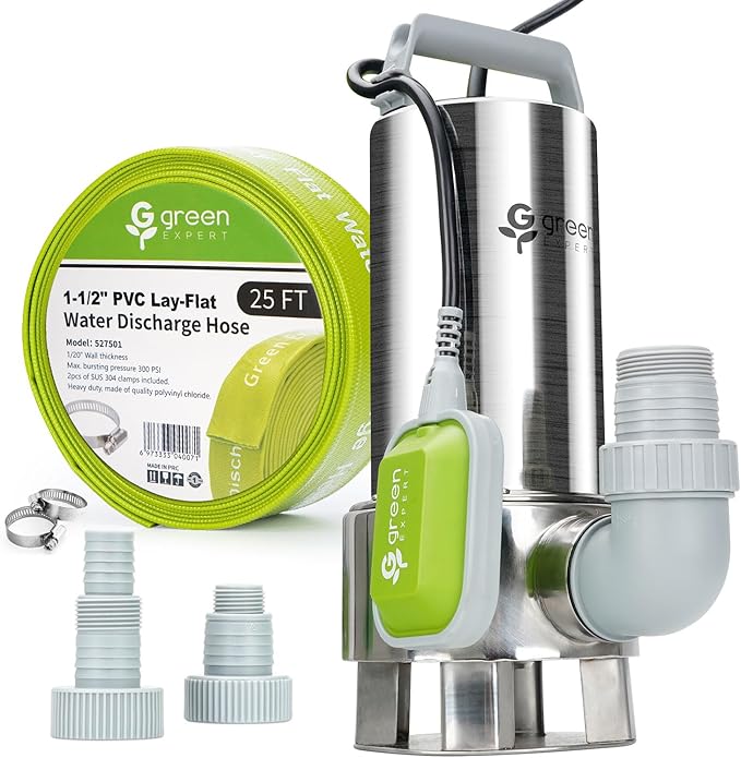 Green Expert 1.5HP Submersible Sump Pump Kit with 25 ft Lay-Flat Discharge Hose, 6000 GPH 304 Stainless Steel Water Removal Pump with Tethered Float Switch for Basement, Sump Pit & Pool Drainage