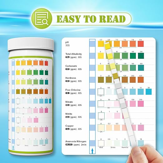 Aquarium Ammonia Test Strips Kit Fish Tank Test Strips (9-Way) | Pond Water Testing Kit for Freshwater Saltwater - Rapid Accurate Easy to Test Carbonate, Nitrate, Nitrite, Ammonia and More