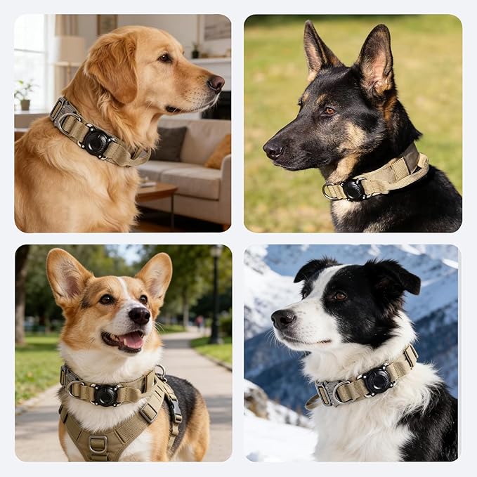 Upgraded AirTag Dog Collar,Waterproof Tactical Dog Collar with AirTag Holder, Control Handle and Metal Buckle,Heavy Duty Dog Collars for Large Dogs (Brown，L
