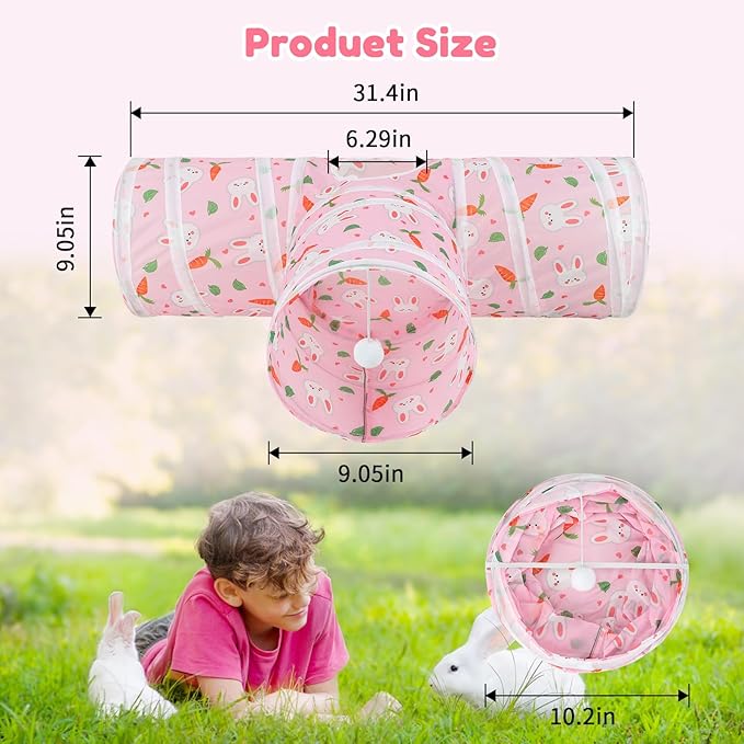BWOGUE Bunny Tunnels & Tubes Collapsible 3 Way Bunny Hideout Small Animal Activity Tunnel Toys for Dwarf Rabbits Guinea Pigs Kitty