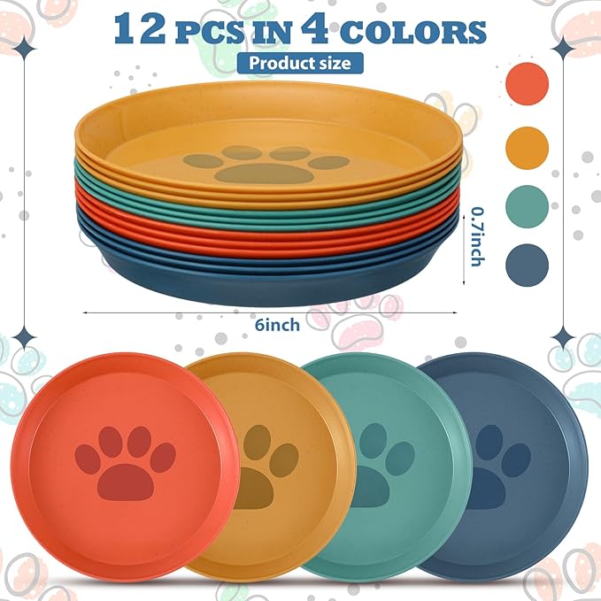 Gerrii 12 Pieces Beard Fatigue Relief Cat Bowl 6 Inch Round Shallow Cat Food Dish Wet Feeding Bowls Wide and Small Pet Dish for Kittens and Short Legged Kitten, Wheat Straw(Vintage Colors,Paw)