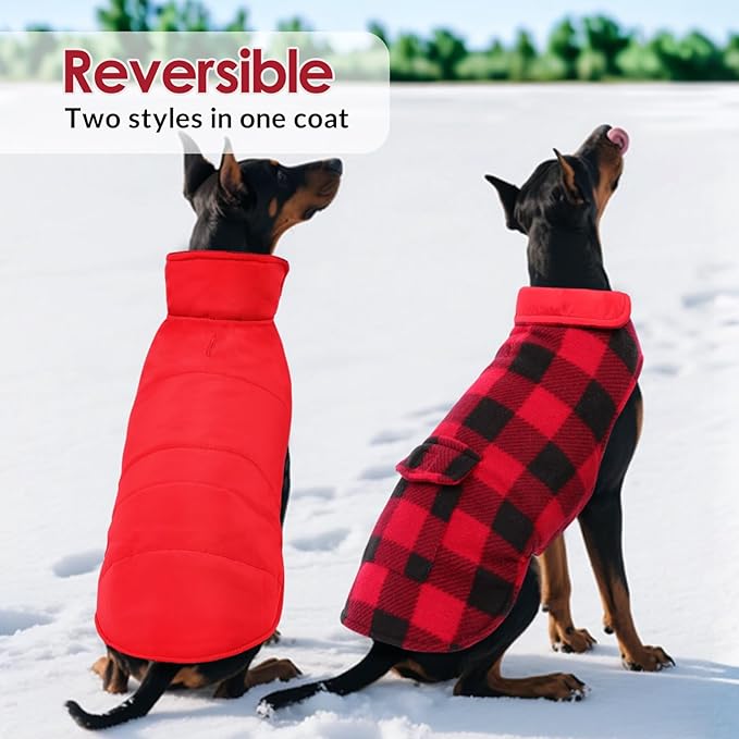 ASENKU Dog Winter Coat, Fleece Doggie Jacket Plaid Reversible Vest Waterproof Windproof Cold Weather Clothes for Small Medium Large Dogs(L,Red)
