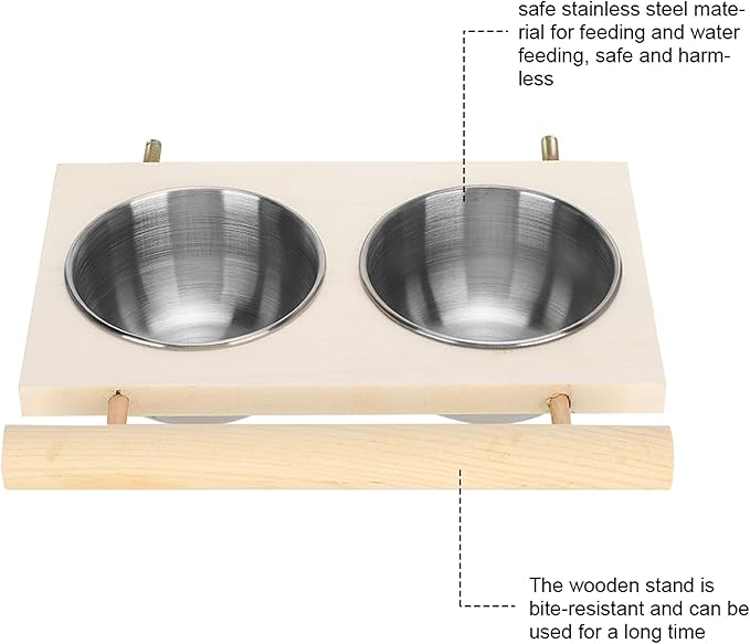 Bird Food Stainless Steel Cups, Parrots Feeding Dish Cups with Wooden Platform, Stainless Steel Food Water Feeder Cage Accessory with StandDouble Bowl