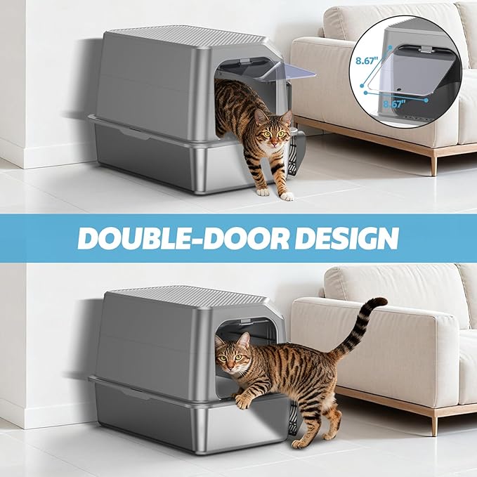 WoofiGo Enclosed Stainless Steel Cat Litter Box with Lid, XL Extra Large Litter Box for Big Cats, Metal Litter Pan High Sided, Never Absorbs Odors, Anti-Urine Leakage, Include Scoop (Light Grey)