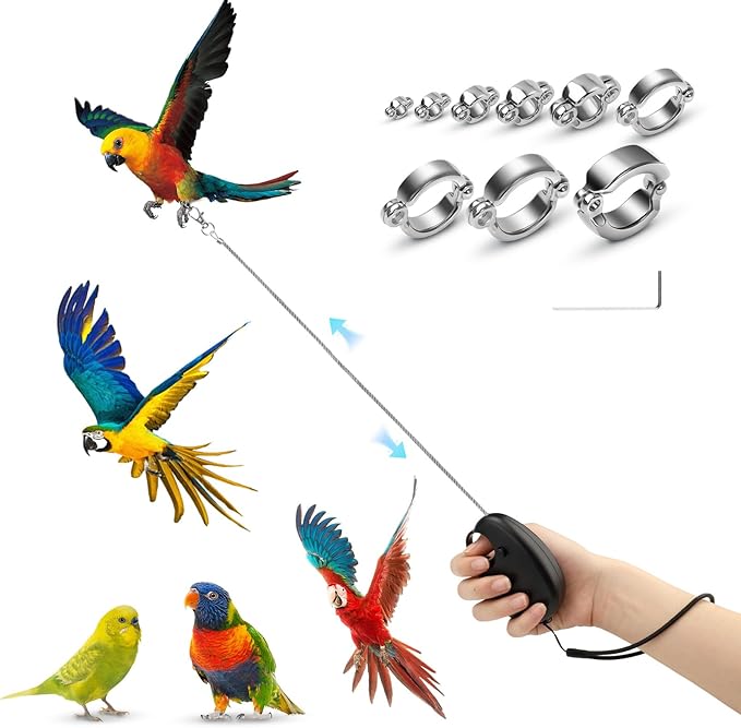 19.7FT Auto Retractable Bird Leash, Anti-Bite Wire Bird Harness, Adjustable Parrot Leash with 9 Sizes Alloy Foot Rings, Conure Cockatiel Parakeet Flying Training Rope
