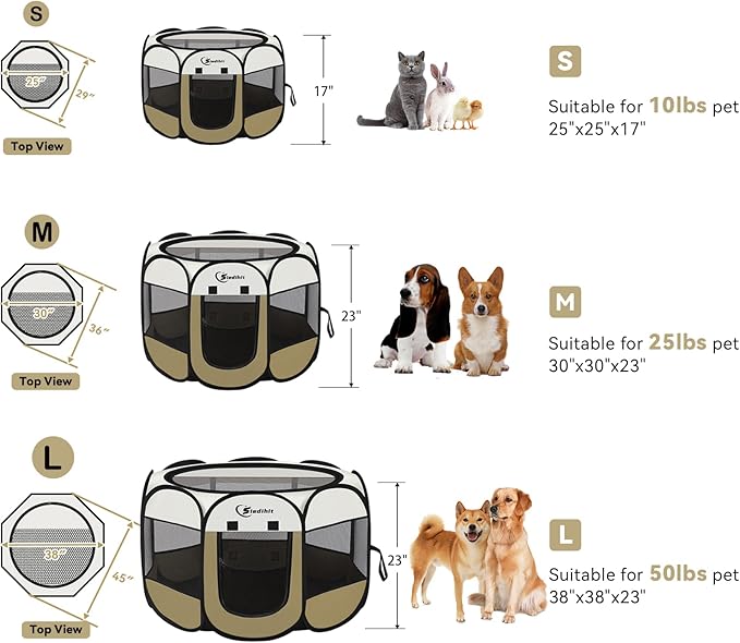 Siedihit Dog Cat Playpen, Small Puppy Pet Playpen, Dog Crate Tent Cage Indoor/Outdoor, Portable Pop Up Dogs Kennel Playpen with Carrying Case for Dogs/Cats/Rabbits(Khaki, Small)