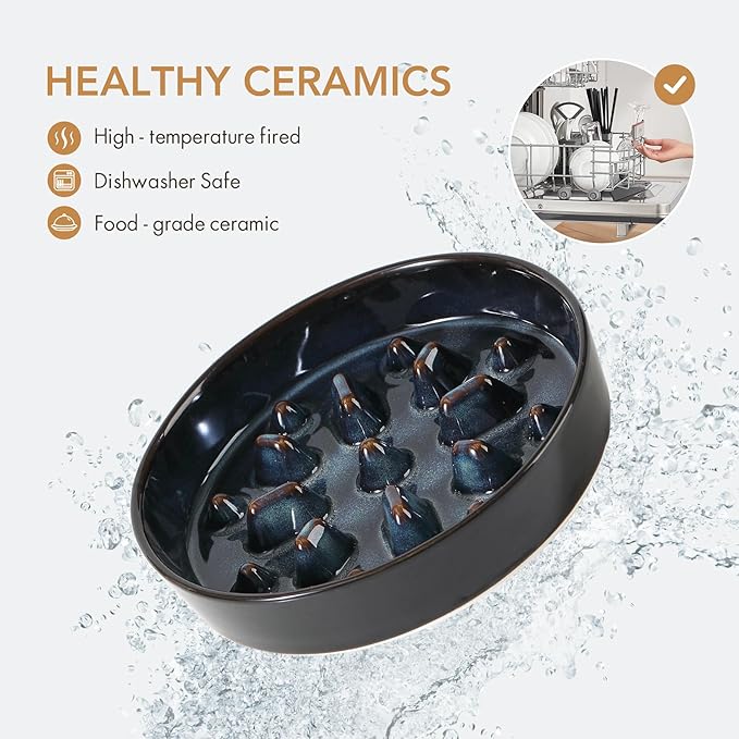 Havniva Elevated Slow Feeder Dog Bowls, 1.6 Cups/8.2 inch Slow Feeders + 7.3 inch Ceramic Dog Food & Water Bowls Set with Acacia Wood Stand Puzzle Bowls for Fast Eater, Medium Dogs Anti-Choking