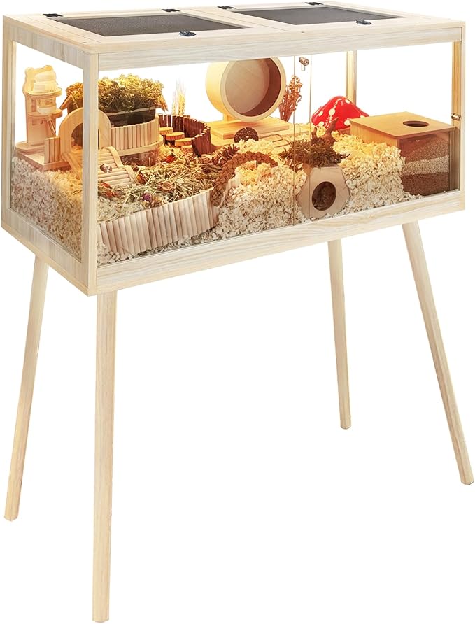 PROLEE Hamster Cage Chewproof, Mice and Rat Habitat with Transparent Sides, Hamster Cage with Openable Mesh Top, Solid Built with Lock Design and Leg Stand, 32" Long