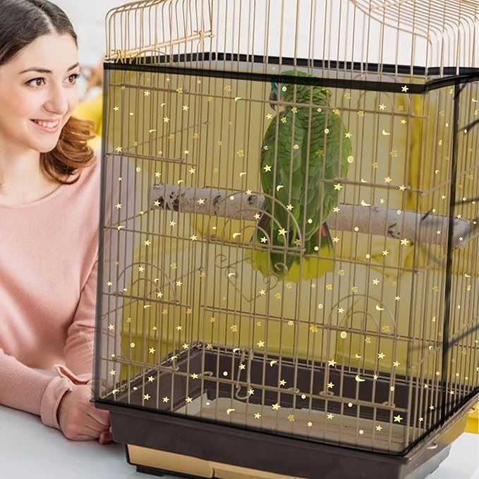 Daoeny Bird Cage Seed Catcher, Large Bird Cage Cover, Adjustable Soft Airy Nylon Mesh Net, Birdcage Cover Skirt Seed Guard for Parrot Parakeet Macaw African Round Square Cages (Black, Sequins Star)
