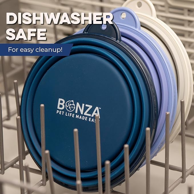 Bonza Collapsible Dog Bowls - Small 12 oz, Dog Travel Accessories, Silicone Portable Dogs Bowl & Water Dish with Reinforced Rim & Carabiner for Hiking, Camping, and Car Trips, Navy Blue
