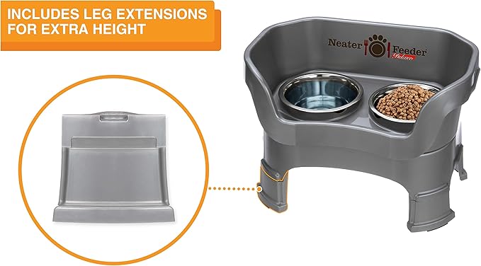 Neater Feeder Deluxe Mess-Proof Elevated Dog Bowls for Medium Dogs (19–40 lbs), 2 Height Adjustable (10” & 12.5”) No-Spill Raised Dog Bowl Stand w/Slow Feed Bowl for Food, Made in USA, Grey