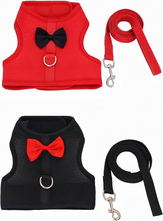 2 Pack Adjustable Bunny Rabbit Harness and Leash Set Breathable Mesh Vest Harness for Rabbits Kitten Ferret Puppy Small Pets Walking Supplies-Black&Red,M