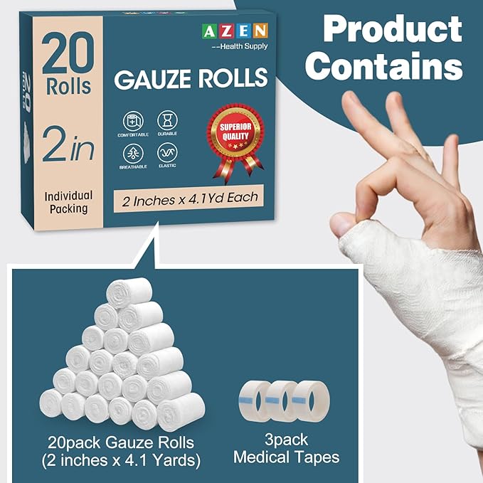 AZEN 20 Pack Gauze Rolls Bandages, 2 in x 4.1 Yards, Premium Medical Supplies & First Aid Supplies, Bandage Wrap Vet Wrap