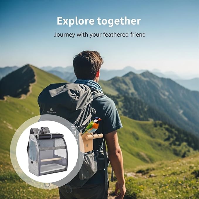 Breathable Bird Backpack Carrier, Gray Pet Travel Cage with Mesh Window, Portable Parrot Backpack for Cockatiel, Pigeons, Includes Removable Perch & Tray, 12.2 X 9.6 X 15 in