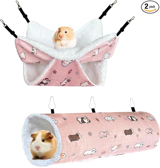 Small Pet Hammock & Tunnel Set for Ferrets, Guinea Pigs, Rats - Plush Hideout Bed & Cage Toy, 2-Pack, Pink Guinea Pig Print