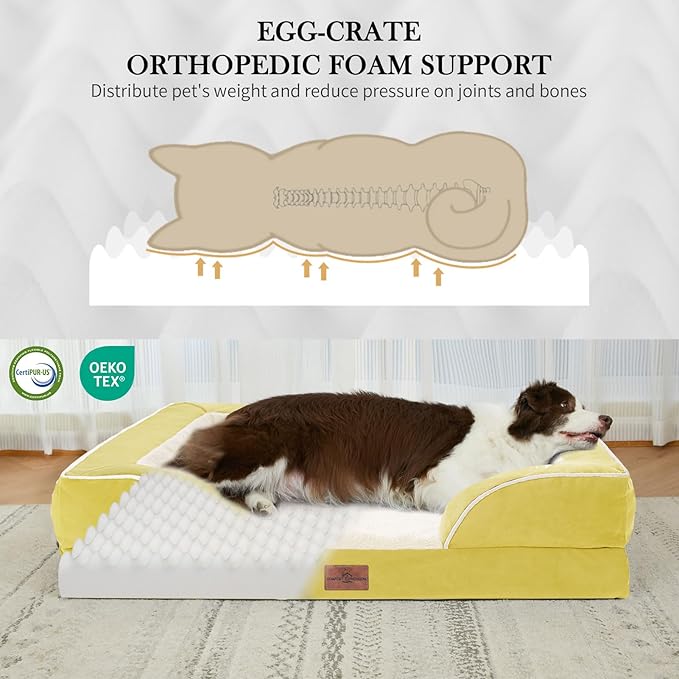 Comfort Expression Orthopedic Dog Bed for Extra Large Dogs 42x30 Inch, Waterproof Egg Crate Foam XL Pet Bed with Removable Bolsters, Dog Couch with Washable Cover & Non-Slip Bottom, Spicy Mustard