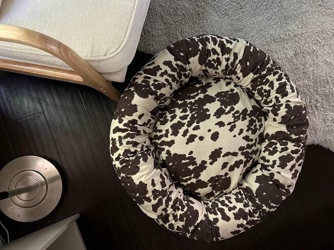 Organic Cotton Canvas Dog Bed: Removable Cover, Natural Fill - Made in USA (Cow Print Brown White, Large 35" x 8" inches)