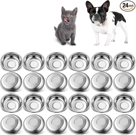 24 PCS Thickened Stainless Steel Cat Bowls, 5.5 Inch Shallow Wide Flat Metal Kitten Food Bowls, Whisker Friendly Fatigue Relief Replacement Basic Pet Dishes for Indoor Cats