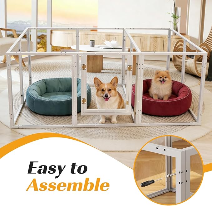 Clear Acrylic Dog Playpen with Door,Puppy Fence Indoors H:24" 10-Panel can be DIY Expanded + Splicing Height Design for Puppies/Small Dogs,White Dog Enclosure (Metal + Acrylic Material)