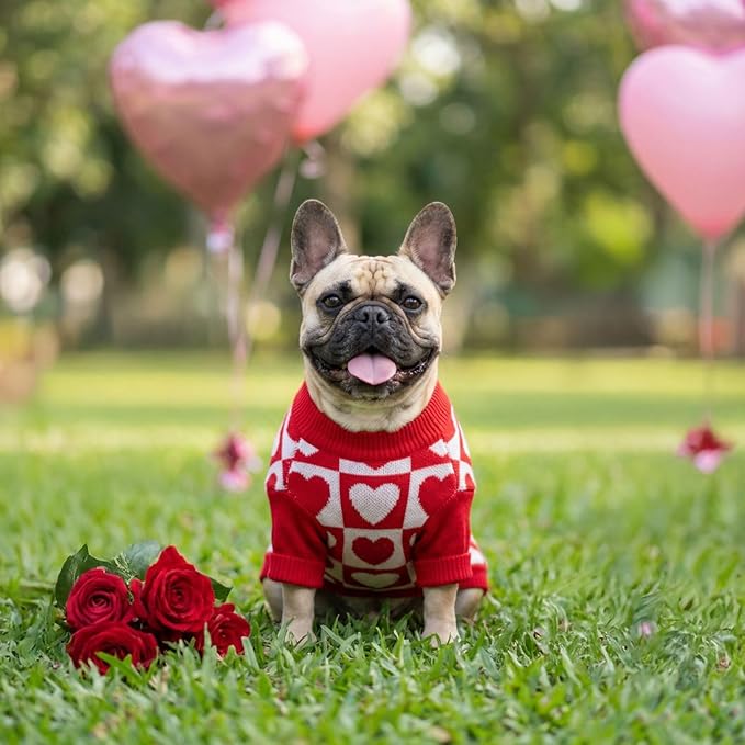 Fitwarm Checkered Heart Dog Sweater, Cozy Valentines Outfit for Small Dogs Girl, Festive Pet Clothes, Red, White, XL