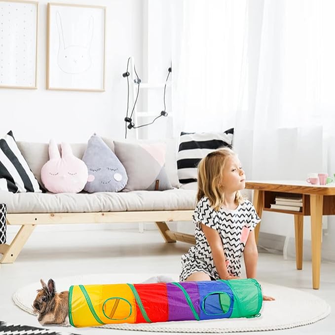 Rabbit Toys, Large Bunny Hideout Tunnel and Tube with Chew Toys for Grinding Teeth Apple Sticks Bamboo Carrot Loofah and Grass Ball for Rabbit Guinea Pig Chinchilla Ferret Rat