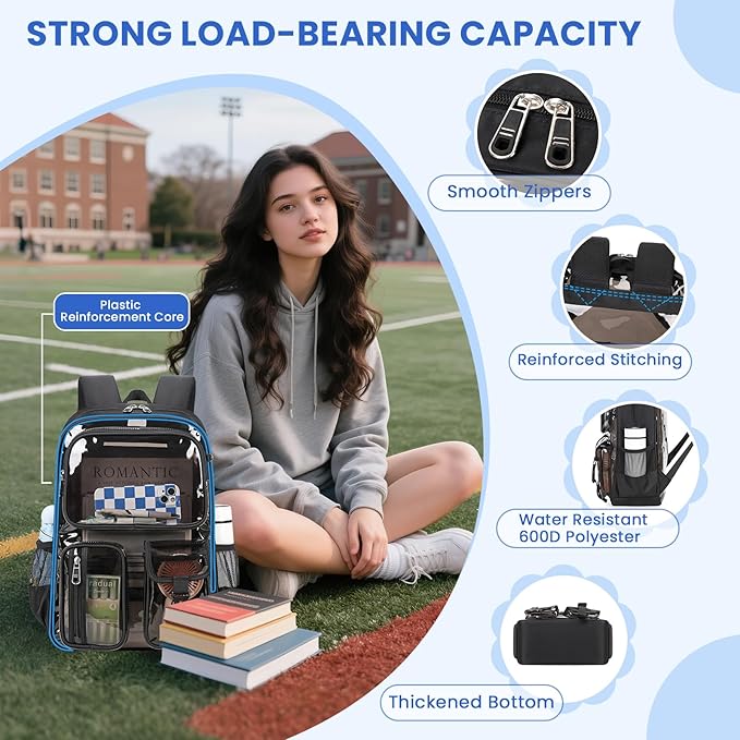 MUSEVOS Clear Backpack for School, Heavy Duty Clear Bookbag for Girls Boys Transparent Backpack with Badge Holder, Semi-Black