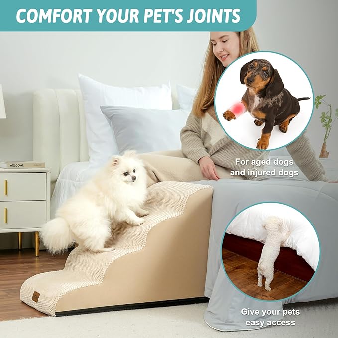 COZY KISS Dog Stairs for Small Dogs 19.7" H, Curved Dog Step for Puppy, Older or Cat, Medium Pet Ramp for Sofa, Couch or Bed, Ladder with High Density Foam, 4 Step, 15.7x28.3x19.7 inch, Beige