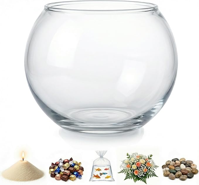Glass Fish Bowl, Decorative Glass Bowl, Round Vase for Flowers and Decoration, Bowl for Sand Candles, Terrarium Bowl, Sphere Vase (5.7x4.5 inches)