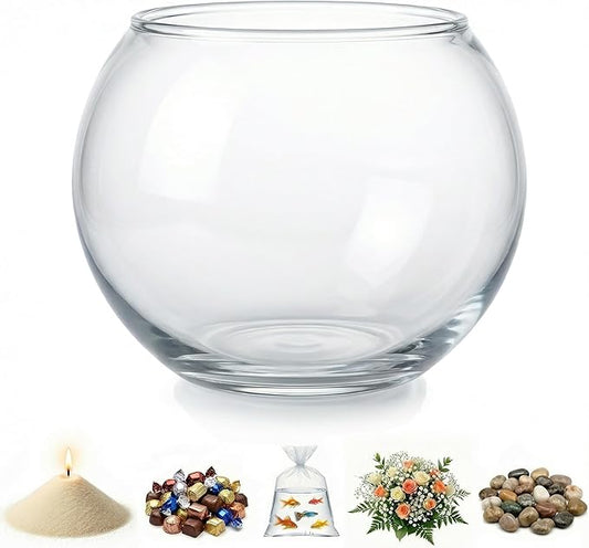 Glass Fish Bowl, Decorative Glass Bowl, Round Vase for Flowers and Decoration, Bowl for Sand Candles, Terrarium Bowl, Sphere Vase (5.7x4.5 inches)
