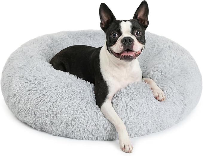 Calming Dog Bed for Medium Dogs Washable Donut 28 inches Anti-Slip Pet Bed,Round Fluffy Plush Faux Fur Cat Bed,Fits up to 40 lbs Pets,Frost Grey