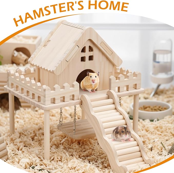 Hamster Wooden House with Platform,Ramp & Swing - Natural Wood Play Set forSyrian Dwarf Hamsters, Gerbils, Mice,Small Animals Cage Accessories