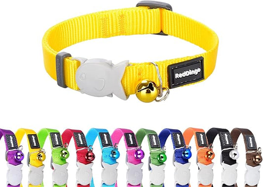 Red Dingo Classic Safety Release Breakaway Cat Collar – Adjustable One Size Fits All, Soft Nylon, 4.4lb Safety Release Fish Clip, Stainless Steel D-Ring, Wildlife Bell – Yellow
