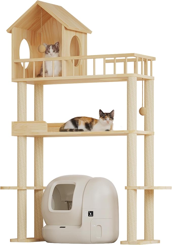 Wood Cat Tower for Automatic Litter Box, 60"H Cat Tree with Scratching Post, Multi-Level Solid Wood Cat Tree for Indoor Large Cats, Tall Cats Scratching Post Furniture w/Cats House, Burlywood