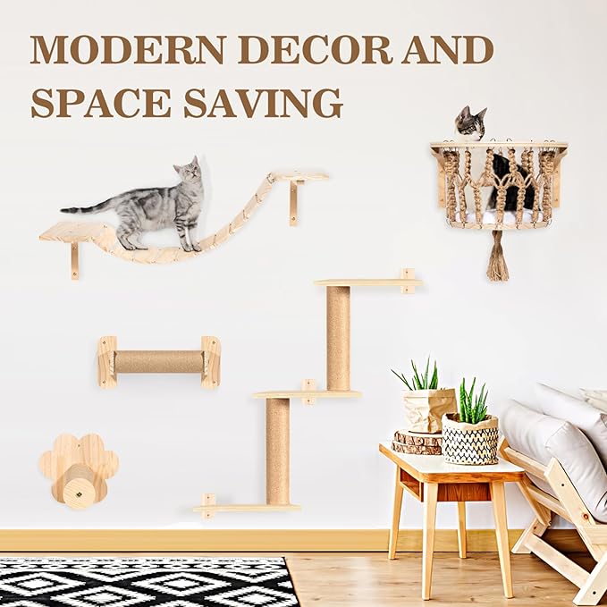 TAKEKIT Cat Wall Shelves and Perches, Wall Mounted Cat Furniture with Hammock, Bridge, Tree, Steps and Scratching Posts, Wooden Climbing System for Indoor Large Cats and Kittens