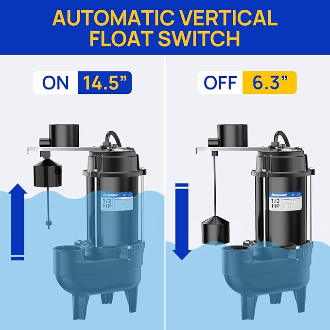 Acquaer Sewage Pump, Cast Iron, Automatic Tethered Float Switch, Sewage Effluent Pump for Sump Basin, Basement, Residential Sewage, 2'' NPT Discharge, Deep Black