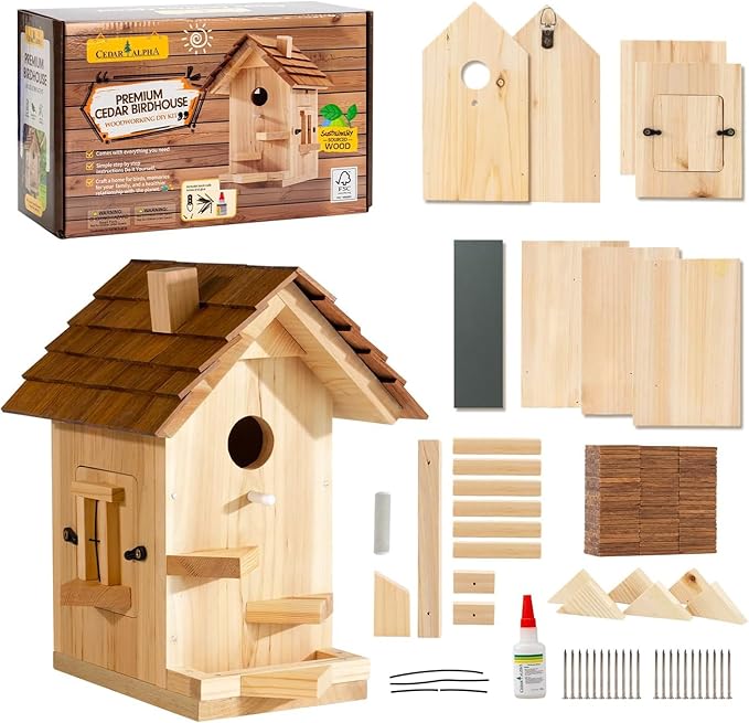 CEDAR ALPHA Large Bird Houses for Outside Clearance Wooden Bird House Kit - Bluebird House for Outside - Build it Yourself Birdhouse Kits for Adults to Build - Pole Mountable - Easy Open for Cleaning