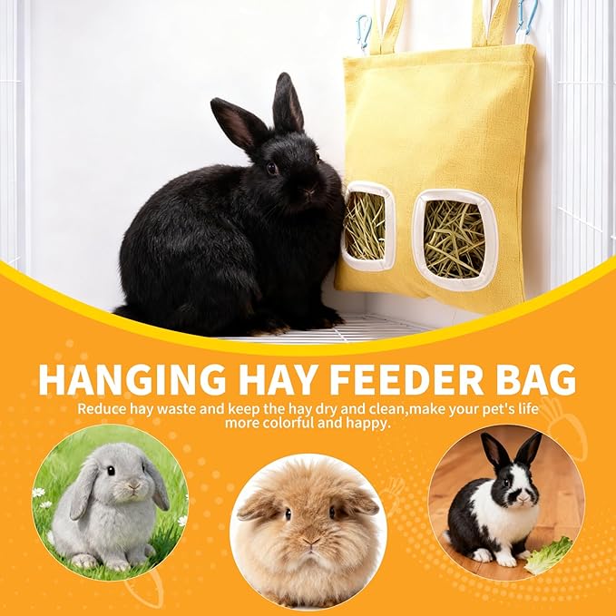 2 Pack Rabbit Guinea Pig Hay Feeder, Cute Bunny Hay Bag, Hanging Hay Holder for Guinea Pig Cage, Hay Feeder for Rabbits Chinchillas Hamsters Small Pets and Animals (Yellow & Green)