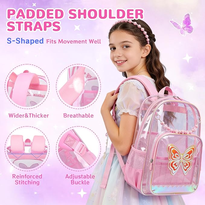 MUSEVOS Clear Backpack, Clear Bookbag for School PVC Heavy Duty Transparent Backpack for Girls, Pink Butterfly