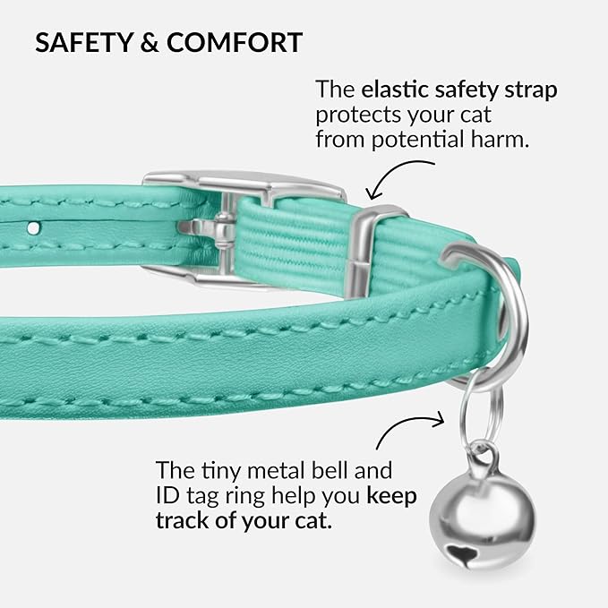 CollarDirect Leather Cat Collar with Removable Bell – Safety Elastic Strap (Breakaway Alternative) – Kitten Collar for Small & Big Boy & Girl Cats